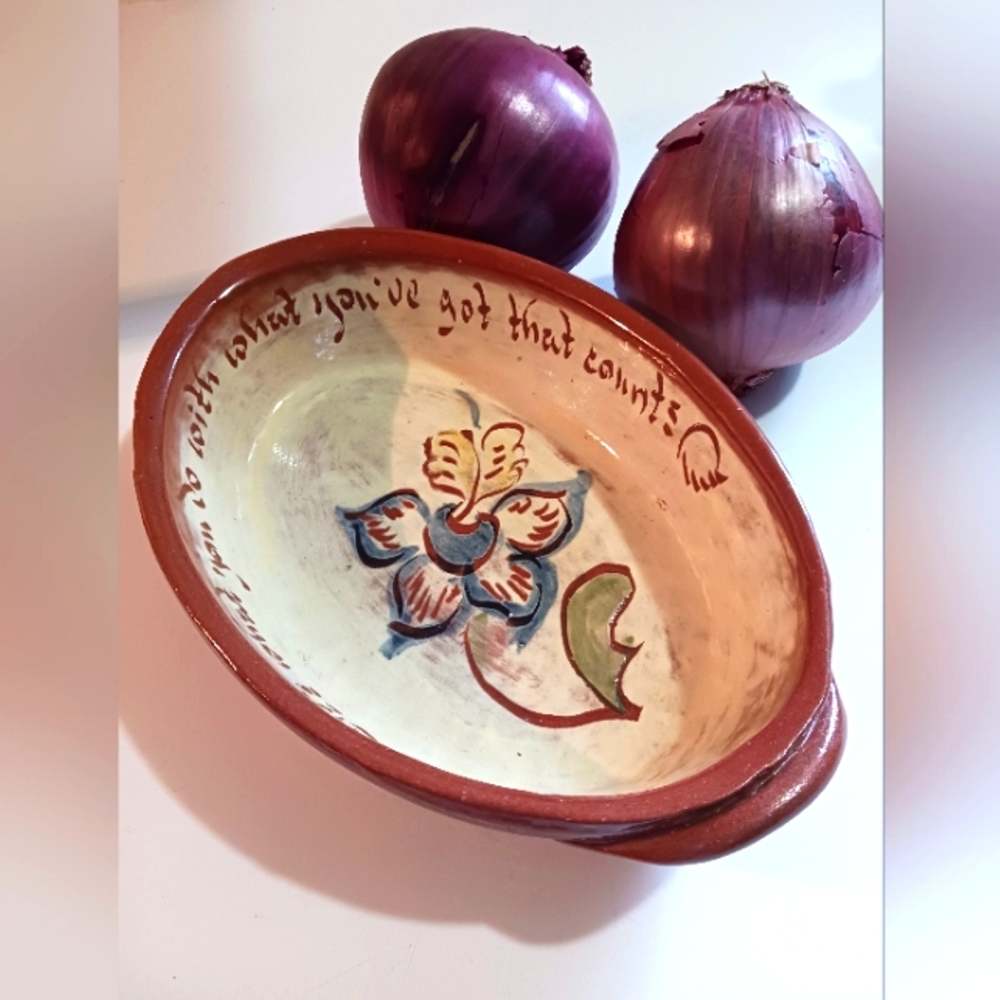 Welden Redware Mottoware 8" casserole dish. Artisan created Handpainted Gift